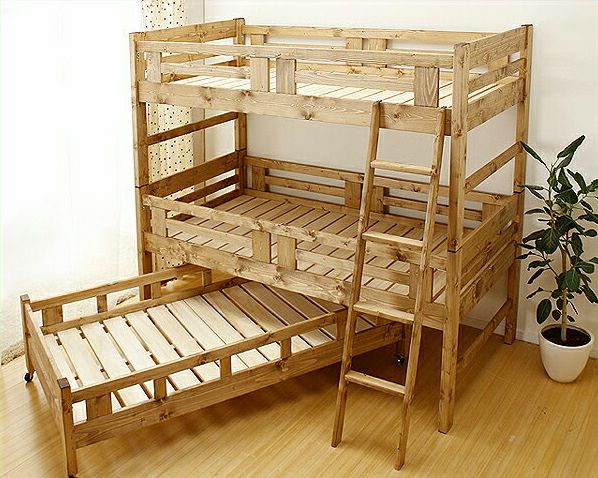 自然塗料の木製親子三段ベッド 親子ベッド・エキストラベッド｜親子