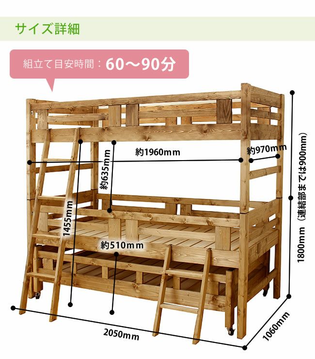 パイン無垢材親子ベッドのサイズ