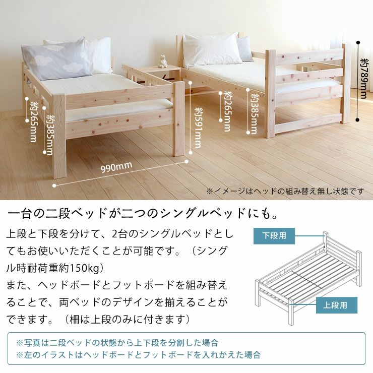 1台の二段ベッドが2つのシングルベッドに