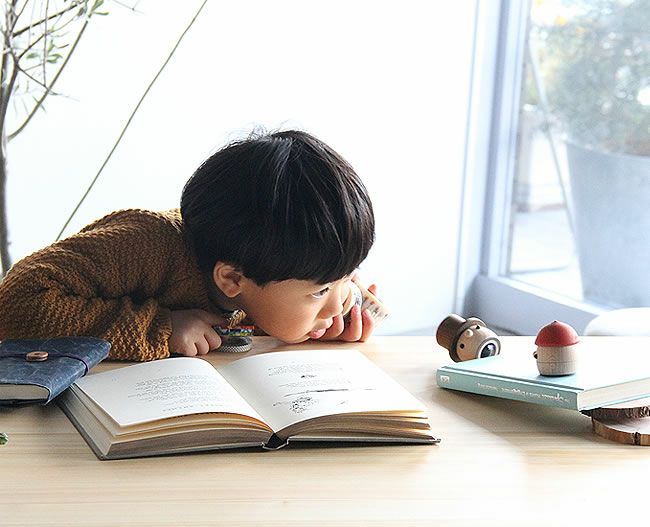 どんぐりころころを本に乗せて遊ぶ男の子