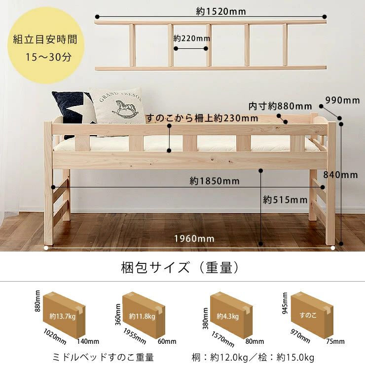 組立ても簡単なミドルベッド（上段）