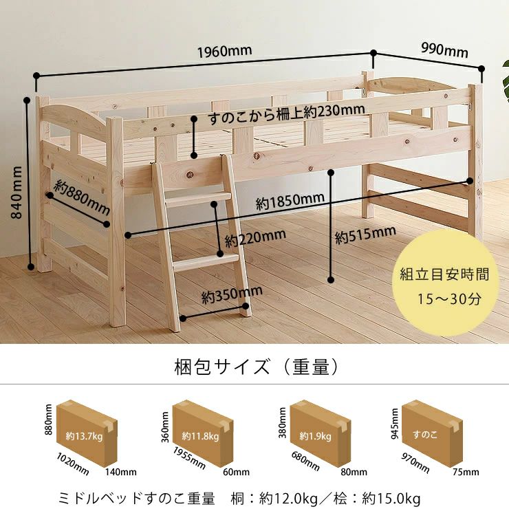 組立ても簡単なミドルベッド（中段）