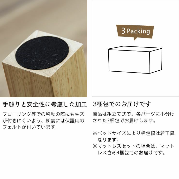 脚裏には保護用のフェルト付きの木製すのこベッド