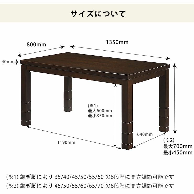 こたつハイタイプのサイズについて