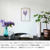 2枚のアクリルガラスの4辺をオークまたはアルミニウムの枠材で囲み、ラバーバンド1本で固定するという画期的な構造のMOEBE（ムーベ）フレームA4サイズ