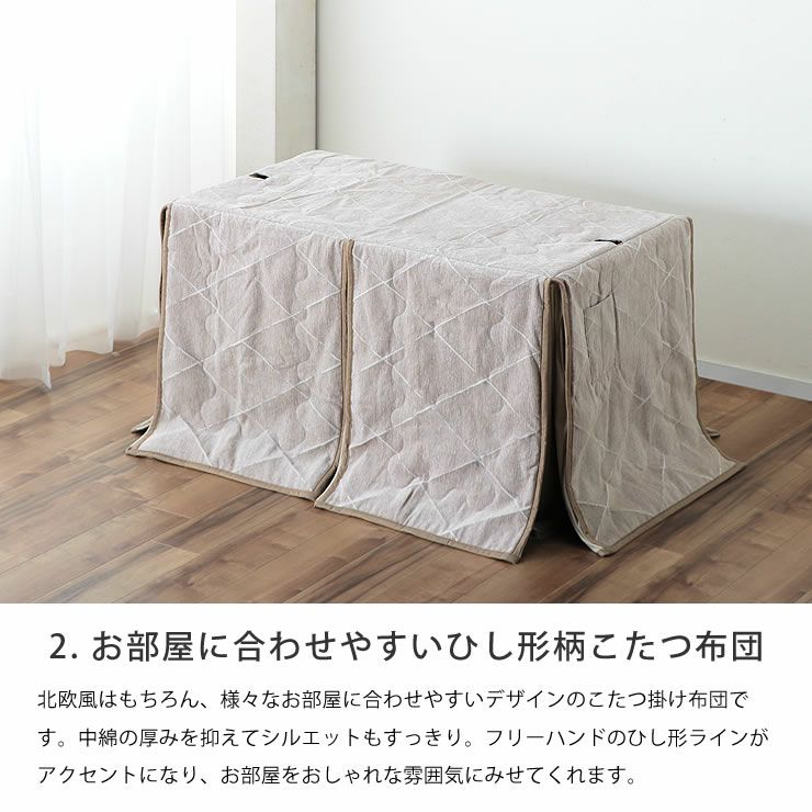 お部屋に合わせやすいひし形柄のハイタイプこたつ布団のセット