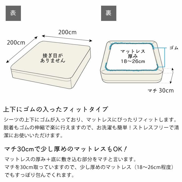 やさしく身体に寄り添うフィット感のベッドシーツ ワイドキングサイズ(200×200cm)ボックスシーツ WKサイズ_詳細07