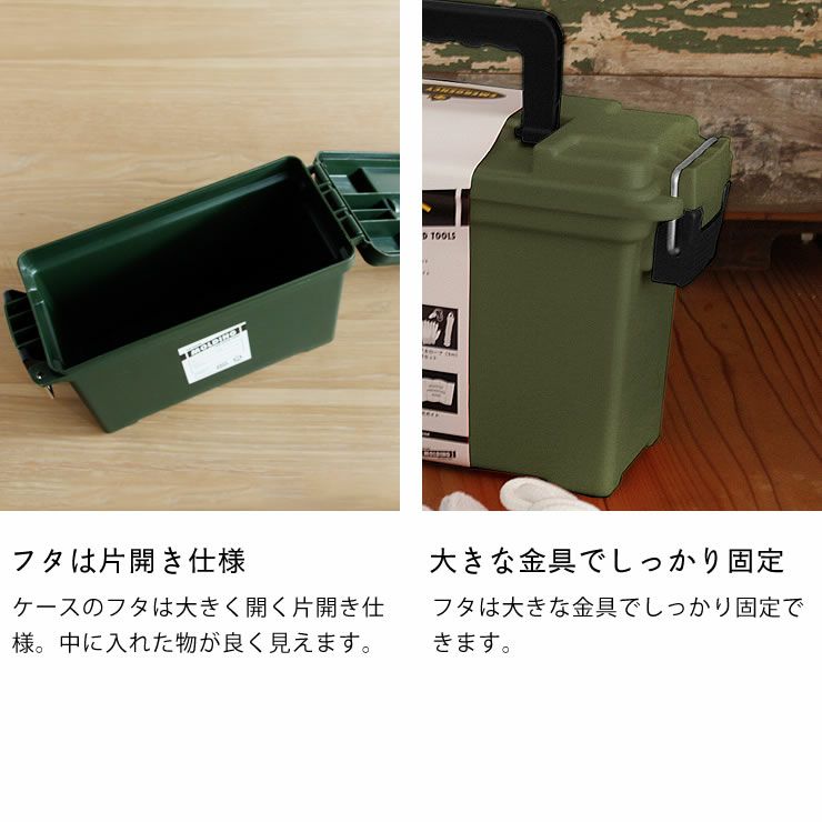 緊急防災キットツールアイテムのフタは片開き仕様・大きな金具でしっかり固定
