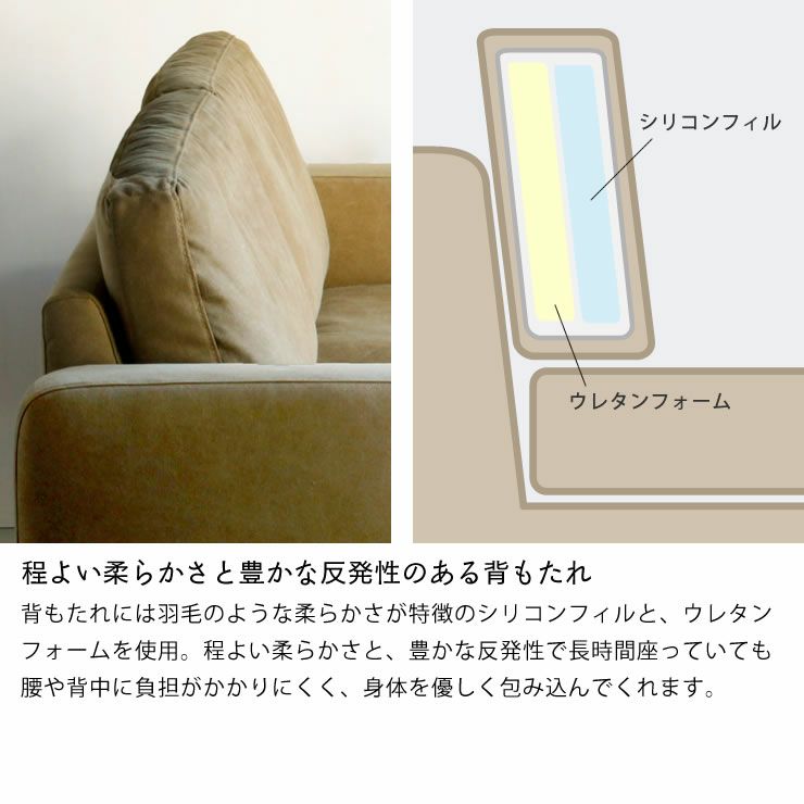 程よい柔らかさと豊かな反発性のある背もたれのソファ3人掛け（オットマン付き）