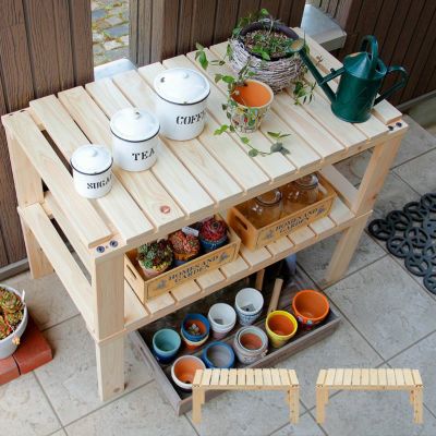 【国産】縁側やベンチとしても使える<br>桧の2分割式ガーデニングラック（2段シェルフ）<br>デッキ　踏み台 プランターラック フラワーラック 園芸ラック ガーデニングスタンド エククテリア収納