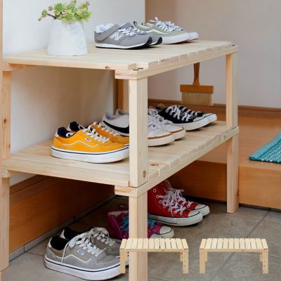 【国産】玄関ベンチとしても使える<br>桧の2分割式シューズラック（2段シェルフ）<br>靴箱 靴棚　下駄箱　靴入れ　下足箱　玄関収納　長椅子