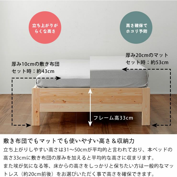 敷き布団でもマットでも使いやすい高さと収納力があるすのこベッド