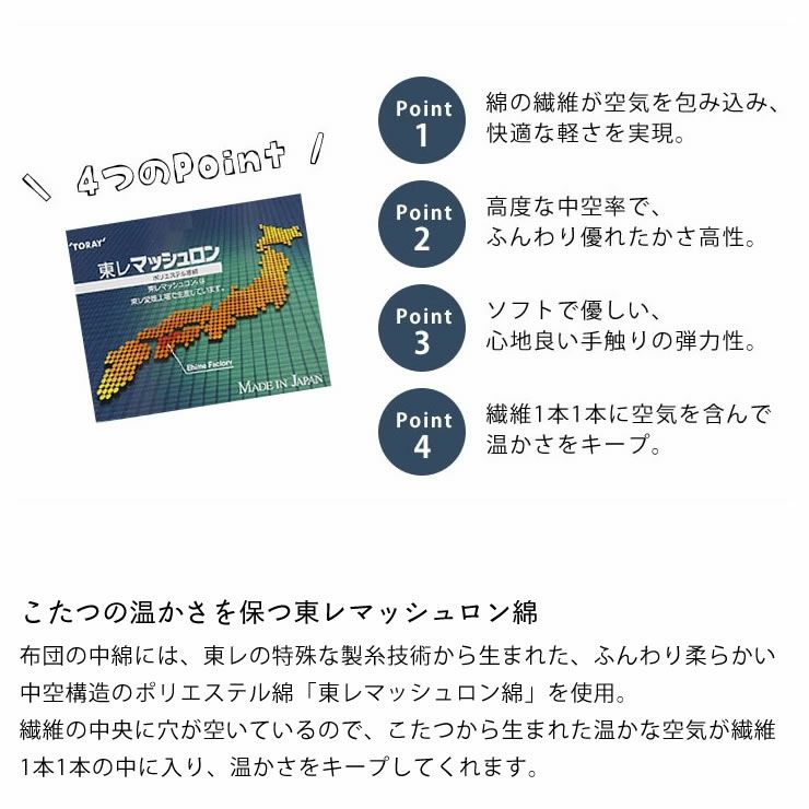 こたつの温かさを保つ東レマッシュロン綿のこたつ掛け布団