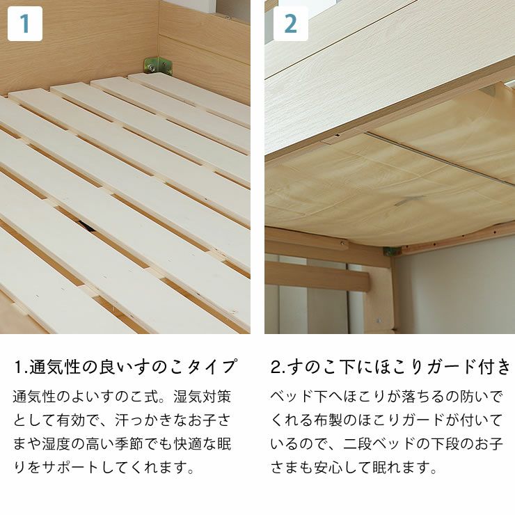 棚付き二段ベッドの快適に使える便利機能（通気性のよいすのこ・ほこりガード）
