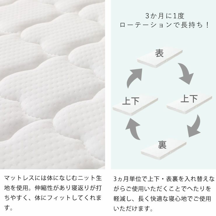 生地はニット生地を使用、3か月単位で向きを入れ替えて長く使える