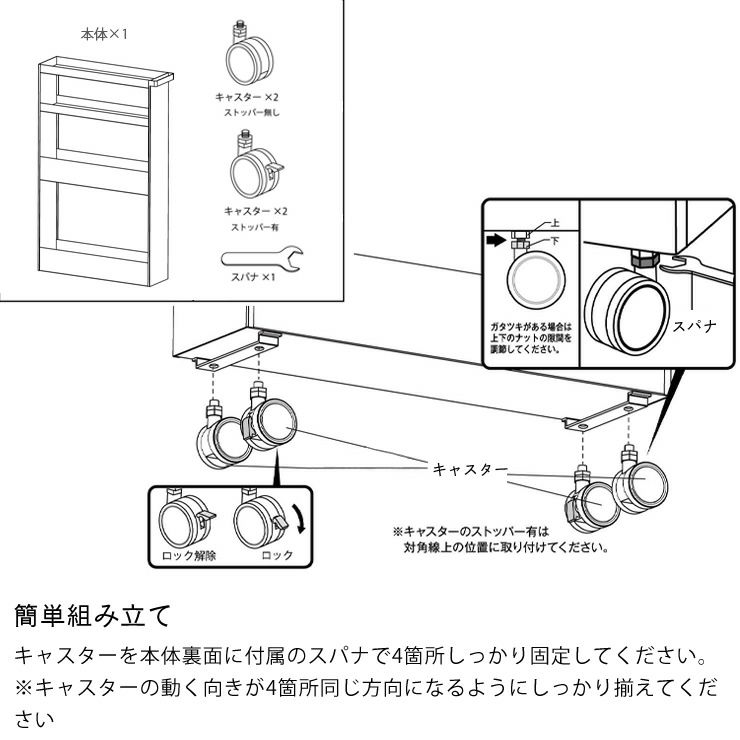 キャスター付きスリムワゴンの組み立て方法
