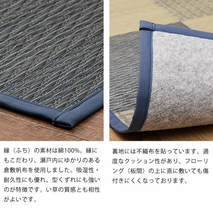 縁（ふち）の素材は綿100%、裏地には不織布を貼ってある国産い草ラグ（191×1910cm）