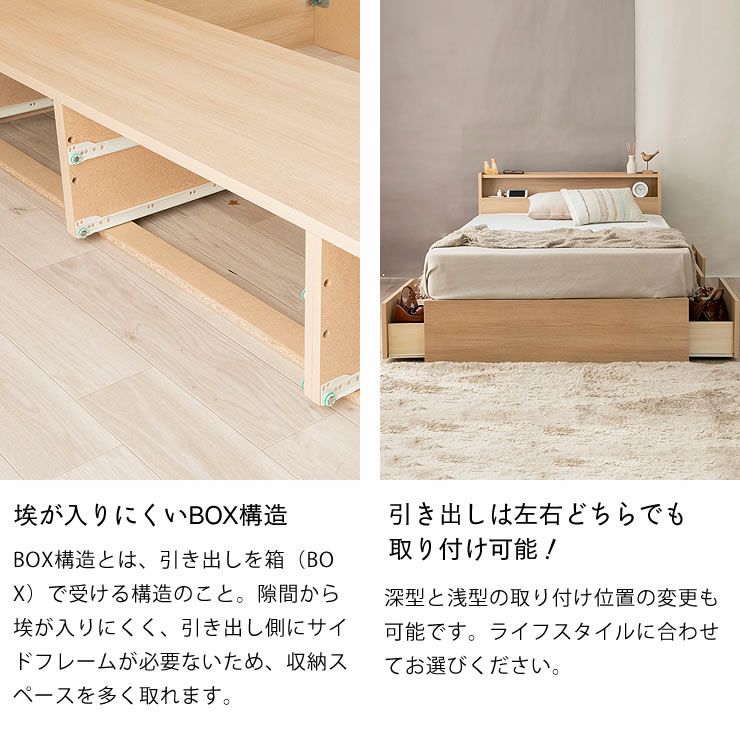 収納ベッドはBOX構造・引き出しは左右どちらでも取り付け可能