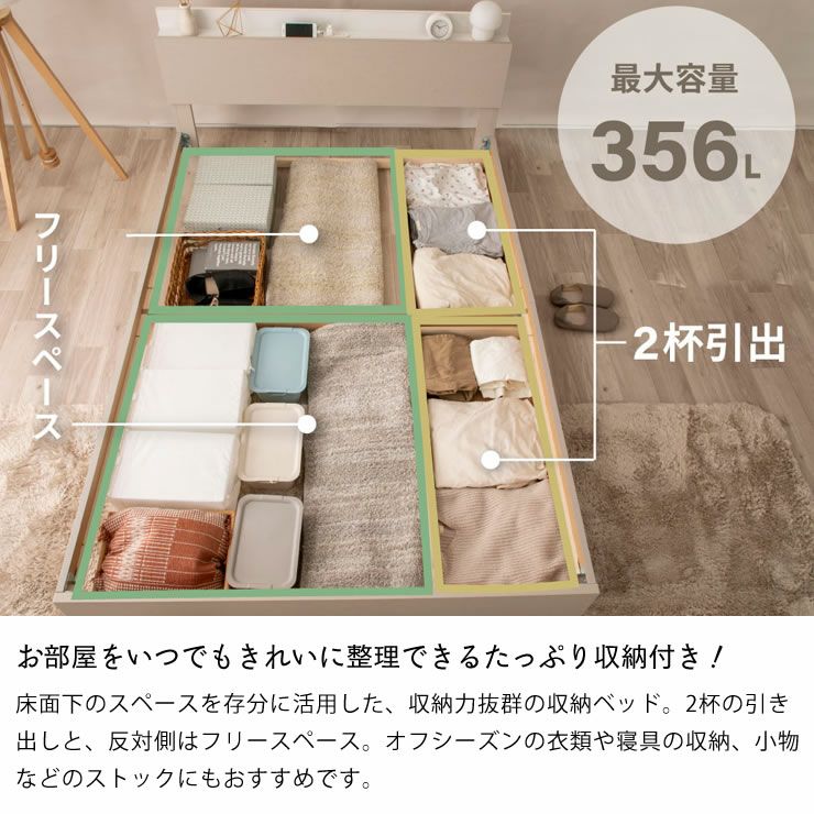 お部屋をいつでもきれいに整理できるたっぷり収納付きベッド