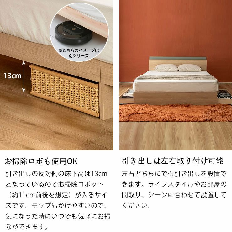 お掃除ロボも使用OK・引き出しは左右取り付け可能な収納ベッド